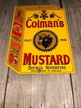 HEAVY ENAMELED METAL PORCELAIN SIGN COLMAN'S MUSTARD BULLS HEAD 8" BY 11"